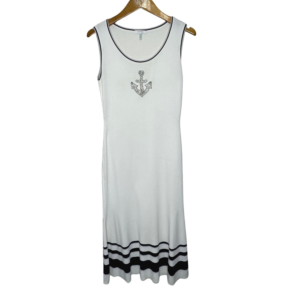 Escada Sleeveless Knit Beaded Anchor Dress Size Small White/Blue